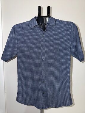 Slim Fit Navy Micro-Pattern Short Sleeve Button-Down Shirt
